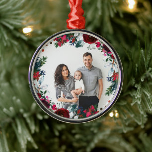 Holiday Floral Christmas Wreath Personalized Photo Metal Ornament