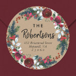 Holiday Floral Christmas Wreath Return Address Classic Round Sticker<br><div class="desc">Custom printed round Christmas return address labels to coordinate with our Holly and Pine collection. Personalize it with your name and address other custom text in a green and burgundy watercolor wreath on a faux kraft background. Use the design tools to choose any background colour, edit the text fonts and...</div>
