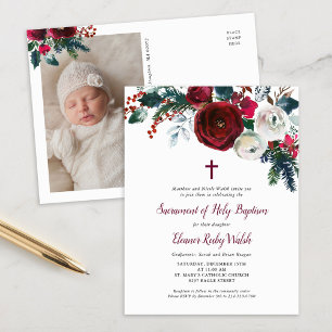 Holiday Floral Winter Baptism Photo Invitation