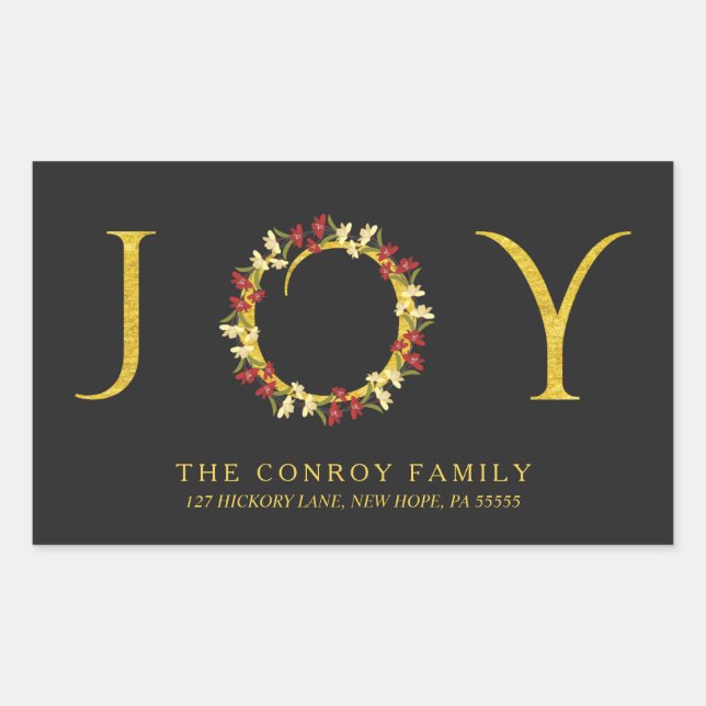 Holiday Floral Wreath Black & Gold Return Address Sticker (Front)