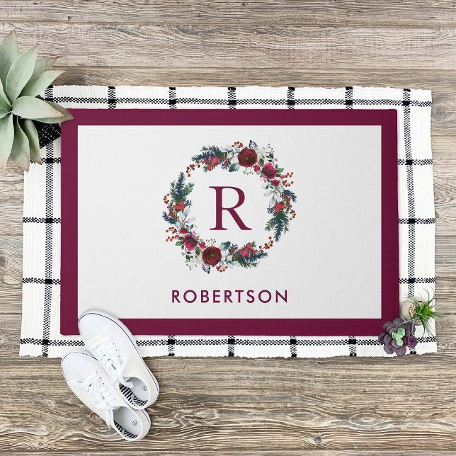 Holiday Floral Wreath Monogram Personalized Doormat (Creator Uploaded)