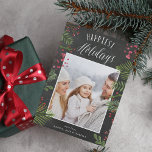 Holiday Foliage | Chalkboard Photo Card<br><div class="desc">Festive holiday photo card features painted watercolor berries,  leaves and branches,  surrounding your favourite photo on a brushed grey chalkboard background. "Happiest Holidays" appears at the top in white hand lettered block and script typography. Personalize with your custom greeting and names at the bottom.</div>