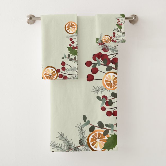 Holiday Foliage Dried mandarin oranges pine Green  Bath Towel Set (Insitu)