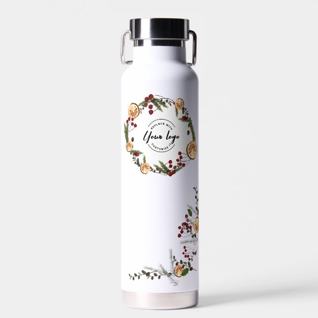 Holiday Foliage holly oranges Custom logo QR code Water Bottle (Front)