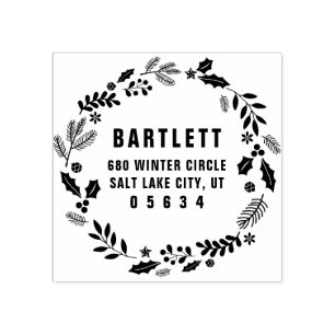 Holiday Foliage Wreath Return Address Rubber Stamp