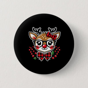 Holiday Fun Cute Christmas Reindeer With Plaid Bow 2 Inch Round Button