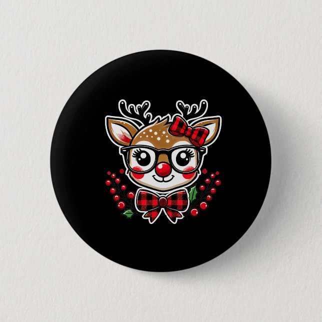 Holiday Fun Cute Christmas Reindeer With Plaid Bow 2 Inch Round Button (Front)