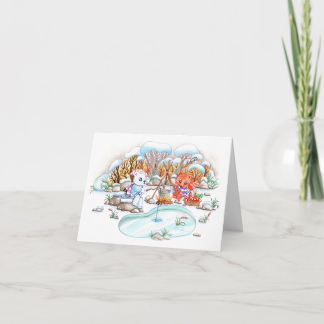 Holiday Fun Ice Fishing Joy Thank You Card (Front)