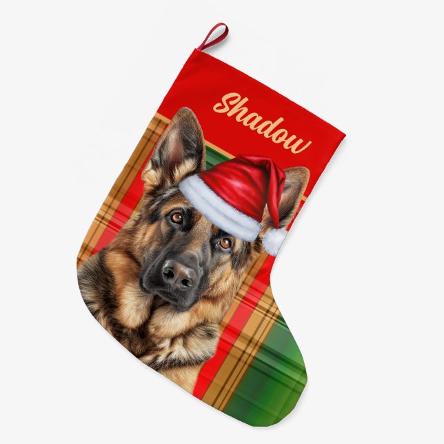 Holiday German Shepherd Plaid with Dog's Name Large Christmas Stocking (Front (Hanging))