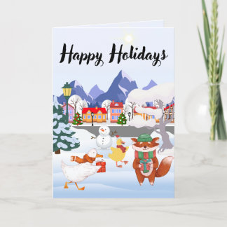Holiday Gift Card: Playful Animals in Snowy Town