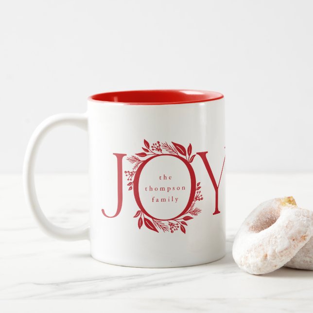 Holiday Gift Joy Wreath Christmas Red Personalized Two-Tone Coffee Mug (With Donut)