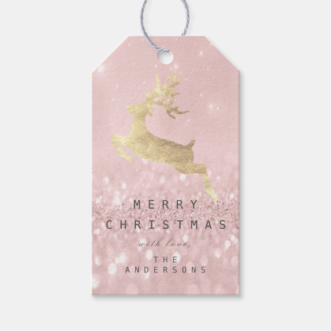 Holiday Gift Tag Grey Glitter Pink Gold Reindeer (Front)