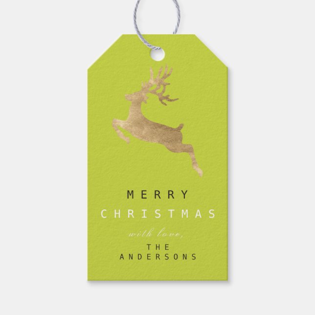 Holiday Gift Tag Limon Green Gold Reindeer (Front)