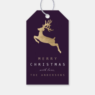 Holiday Gift Tag Plum Purple Gold Reindeer
