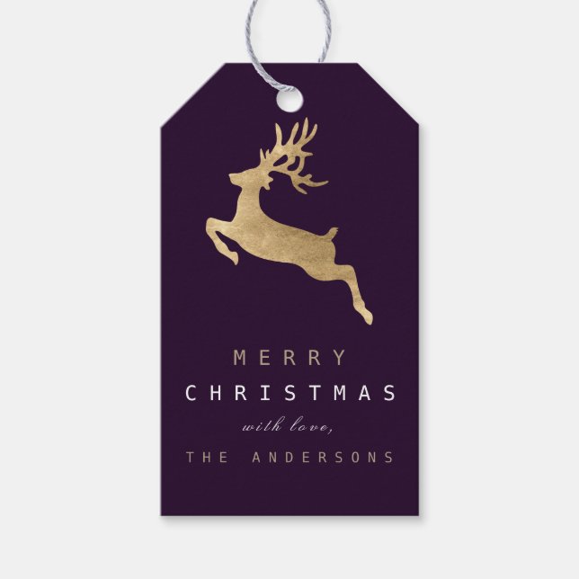 Holiday Gift Tag Plum Purple Gold Reindeer (Front)