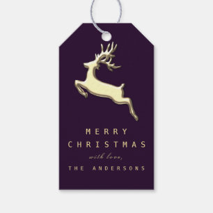 Holiday Gift Tag Plum Purple Gold Reindeer LUX