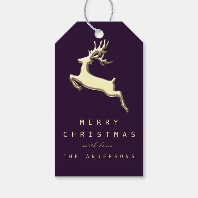 Holiday Gift Tag Plum Purple Gold Reindeer LUX (Front)