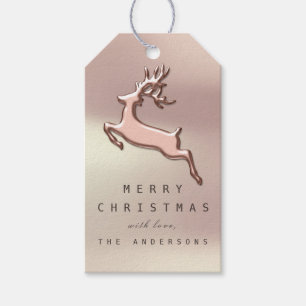 Holiday Gift Tag Rose Gold Pink Metallic Reindeer