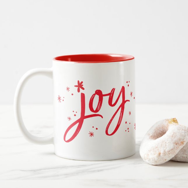 HOLIDAY GIFT trendy hand lettered festive joy red Two-Tone Coffee Mug (With Donut)