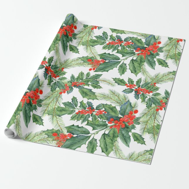 Holiday Gift Wrap Holly Berries (Unrolled)