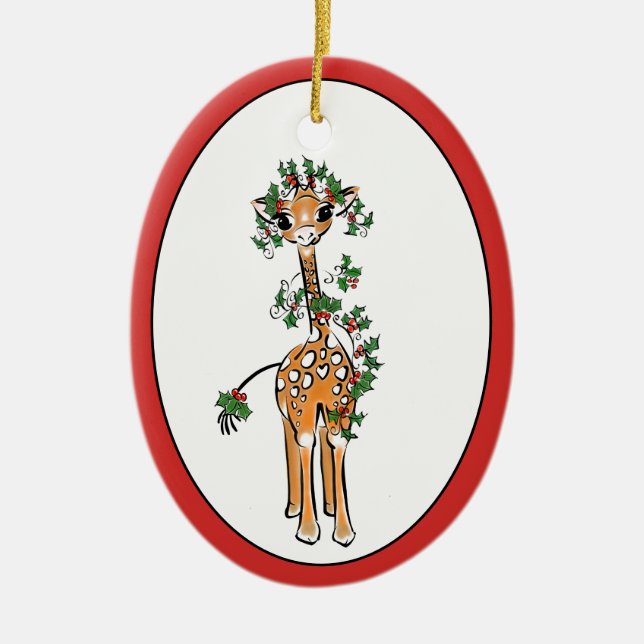 Holiday Giraffe -green and red Holly garland Ceramic Ornament (Front)