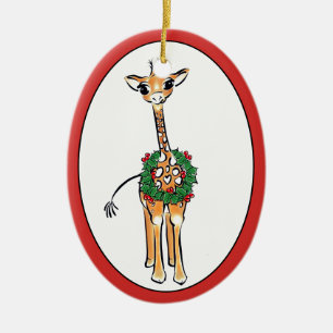 Holiday Giraffe -green and red Holly wreath Ceramic Ornament