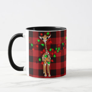Holiday Giraffe , red tartan, twinkle lights Mug