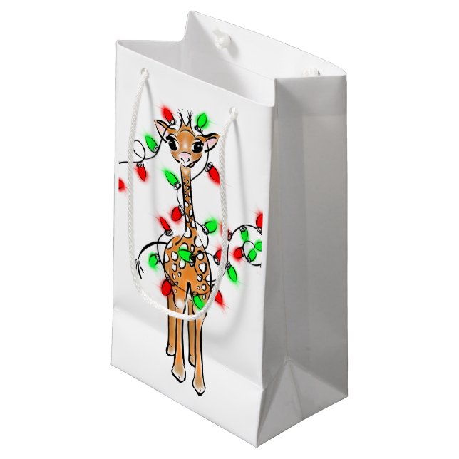 Holiday Giraffe- twinkle red and green lights Small Gift Bag (Front Angled)
