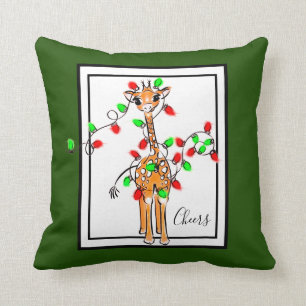 Holiday Giraffe- twinkle red and green lights Throw Pillow
