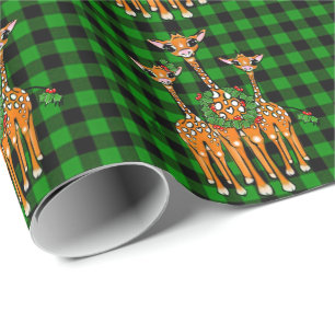 Holiday Giraffes, holly garland, green plaid Wrapping Paper