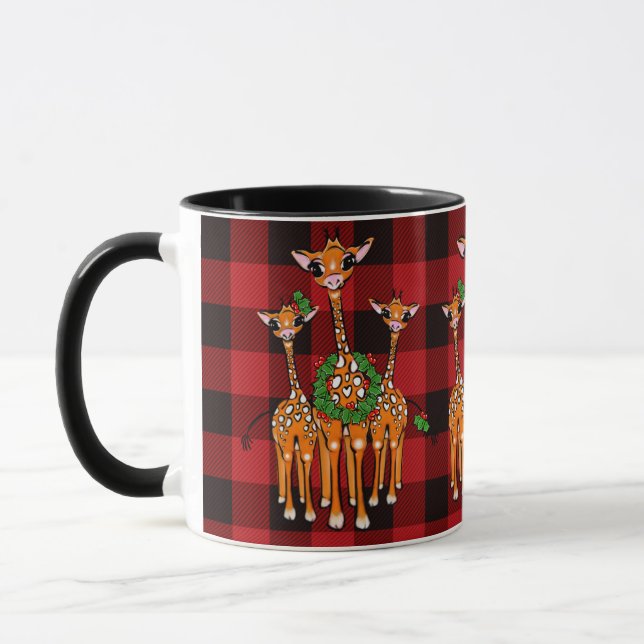 Holiday Giraffes, red tartan, holly wreaths Mug (Left)