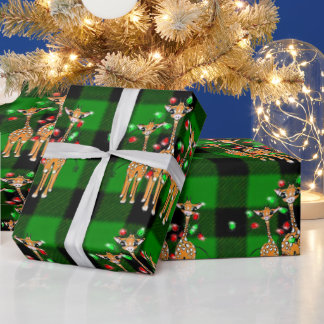 Holiday Giraffes, twinkle red green lights, plaid Wrapping Paper