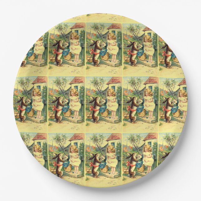 Holiday Girl & Bunny Vintage Easter Paper Plates (Front)