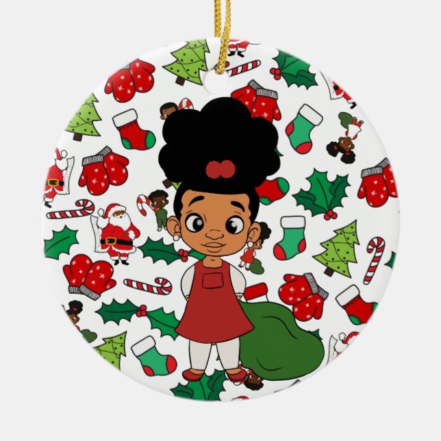 Holiday Girl Puff Christmas Ceramic Ornament (Front)