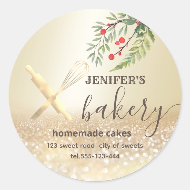 Holiday Glittery  rolling pin & whisk chef  bakery Classic Round Sticker (Front)