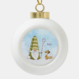Holiday Gnome and Fox Custom Year Keepsake Ceramic Ball Christmas Ornament