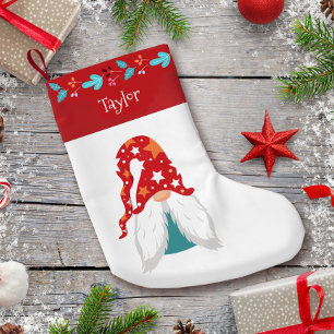 Holiday Gnome Modern Red Leaf Border Name Cute Small Christmas Stocking