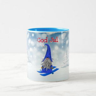 Holiday   God Jul Nisse skiing in woodland snow Two-Tone Coffee Mug