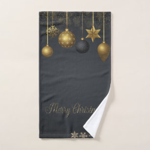 Holiday Gold Christmas Balls Snowflakes Dark  Bath Towel Set