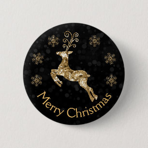 Holiday Gold crumpled Foil Christmas Reindeer 2 Inch Round Button