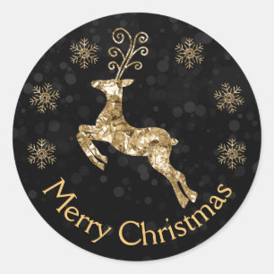 Holiday Gold crumpled Foil Christmas Reindeer Classic Round Sticker