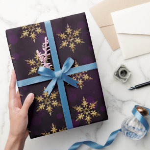 Holiday Gold Faux Foil Snowflakes on Purple Bokeh Wrapping Paper