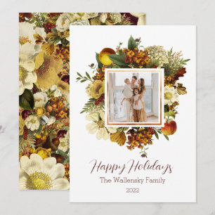 Holiday Gold Floral Photo Family Christmas Invitation