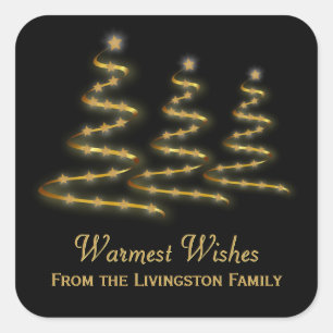Holiday Gold Ribbon Stylized Christmas Trees Black Square Sticker