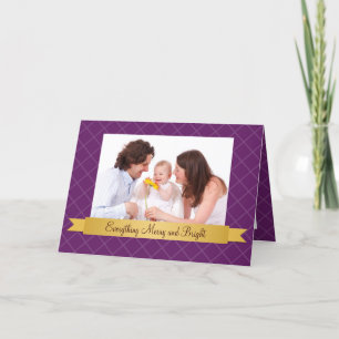 Holiday gold satin ribbon purple lattice photo card