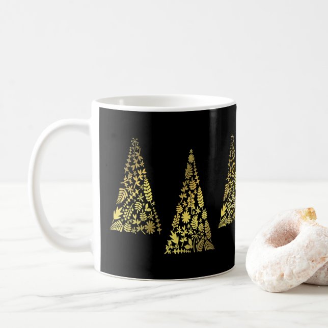 Holiday Gold Tree Black Elegant Minimalistic Coffee Mug (With Donut)