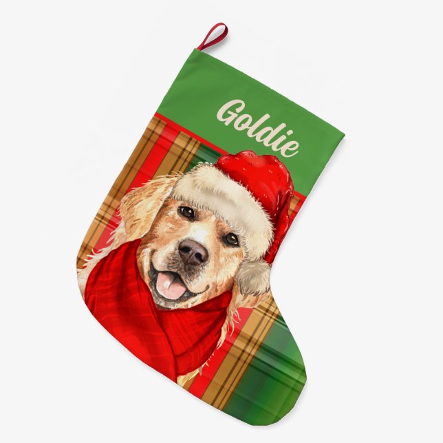 Holiday Golden Retriever and Plaid with Dog's Name Large Christmas Stocking (Front (Hanging))