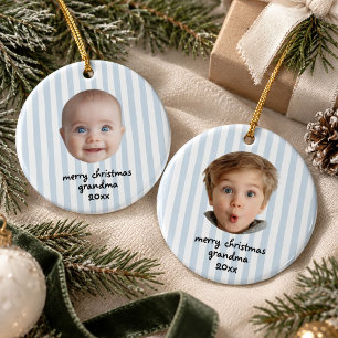 Holiday Grandma 2 Photo Baby Face Blue Stripes Ceramic Ornament