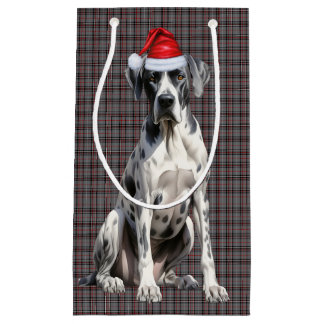 Holiday Great Dane Dog Red Grey Plaid Christmas Small Gift Bag