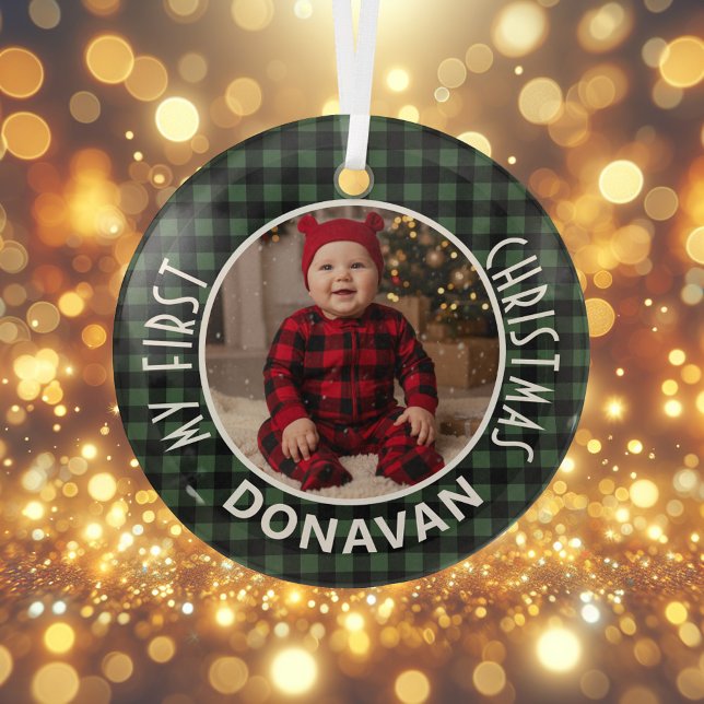 Holiday Green & Black Plaid First Christmas Custom Glass Ornament (Creator Uploaded)